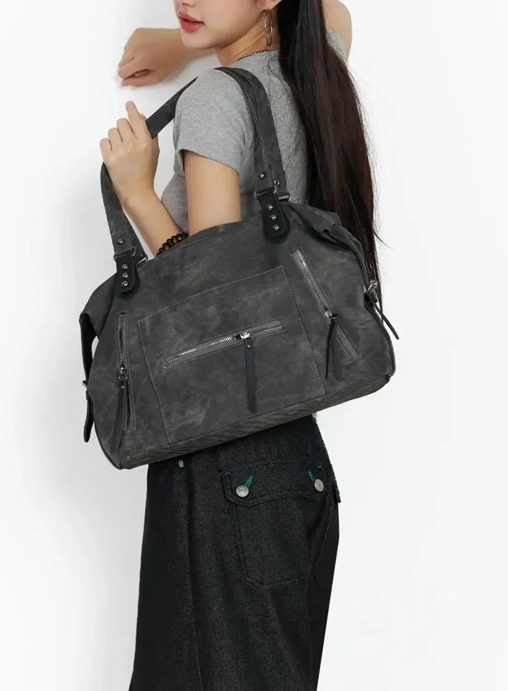Vintage Leather Accent Shoulder Bag