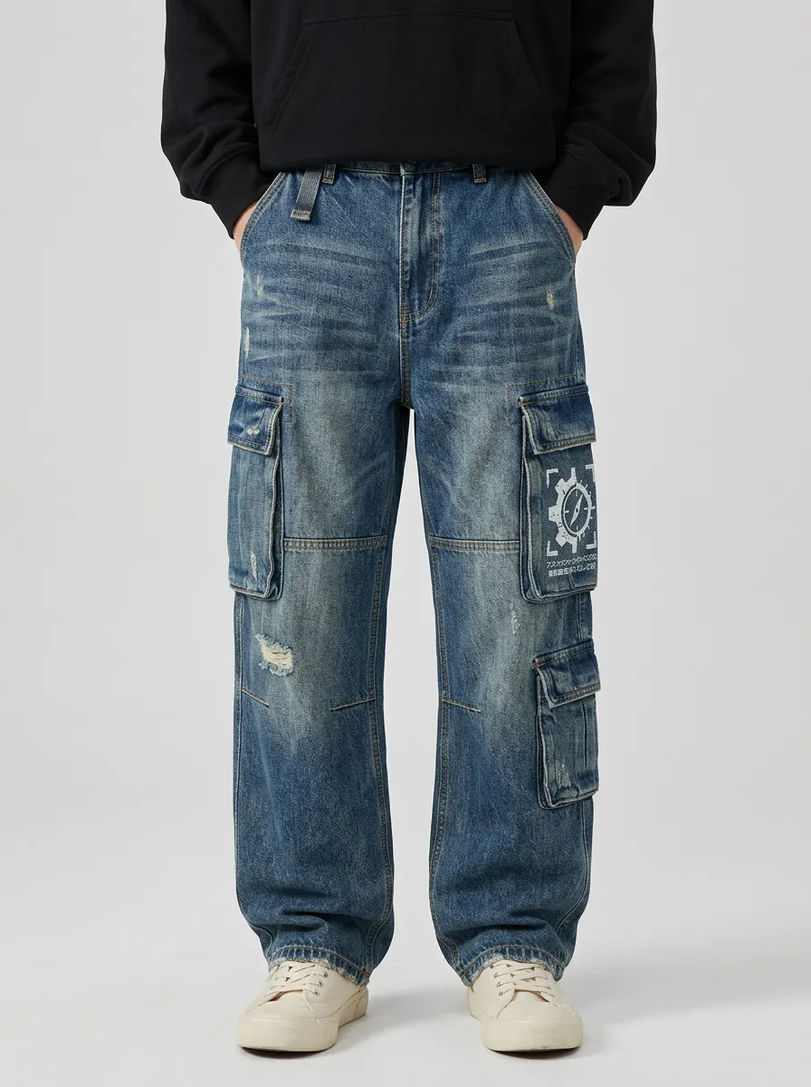 Men's Streetwear Gear Graphic Distressed Denim Printed Cargo Jeans