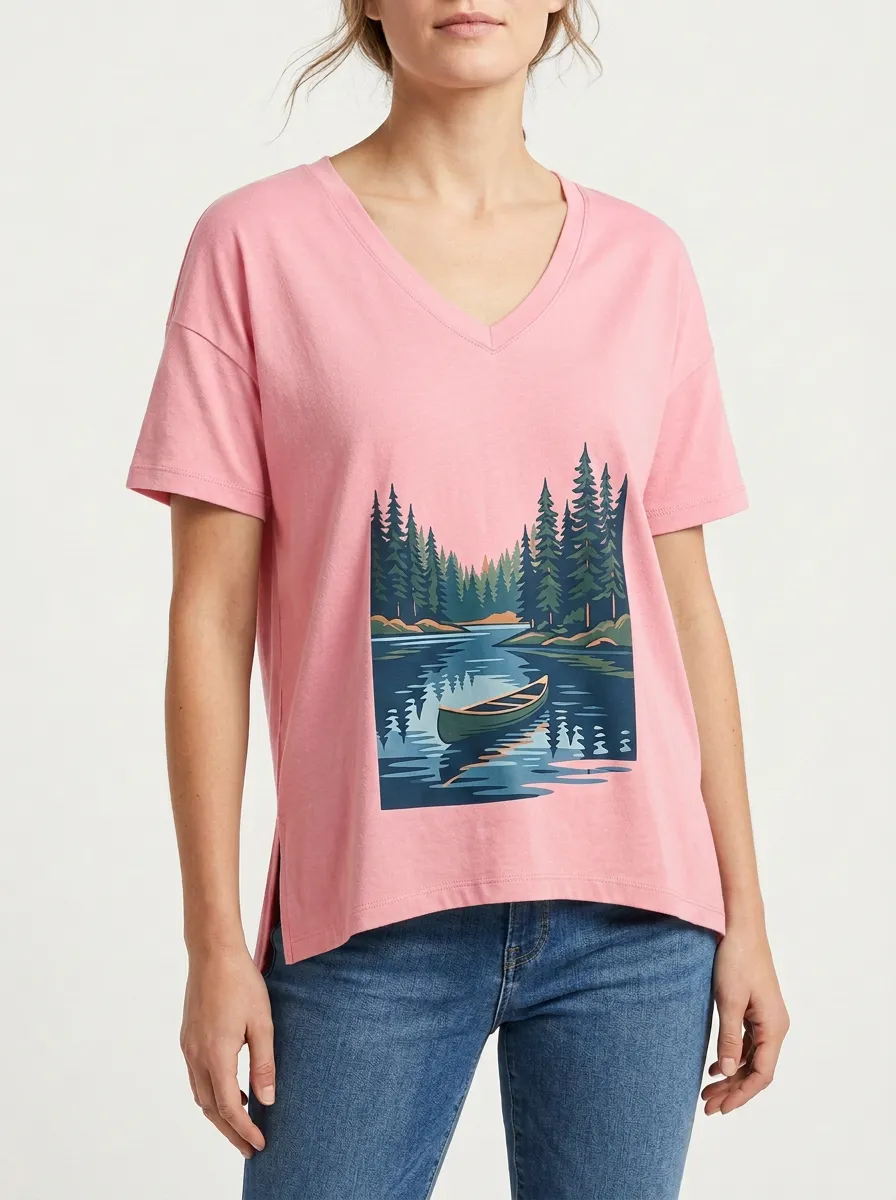 Women's Canoe & Forest Graphic V-Neck T-Shirt