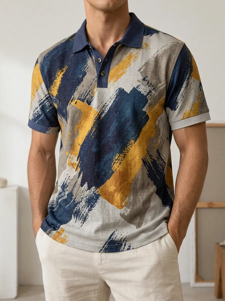 Men's Abstract Brushstroke Yellow Blue Printed Polo Shirt Everyday Casual Style