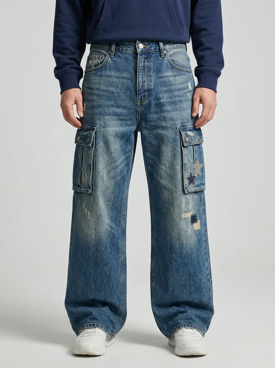 Men's Star Patch Distressed Cargo Wide Leg Jeans