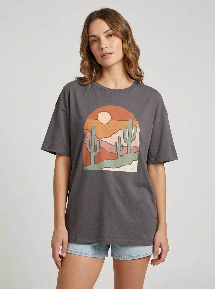 Women's Desert-Cactus-Graphic Crewneck T-Shirt