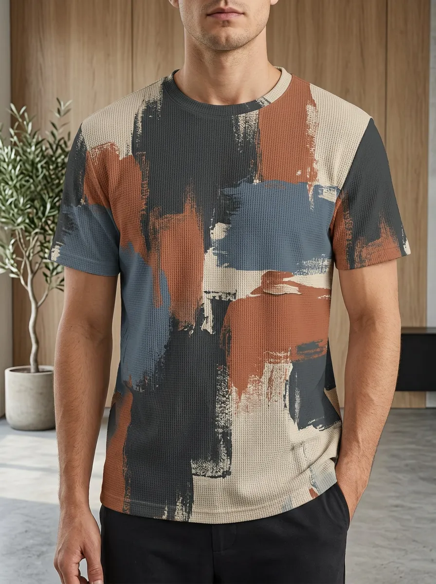 Men's Abstract Brushstroke Pattern Waffle Knit Classic Crew Neck T-Shirt