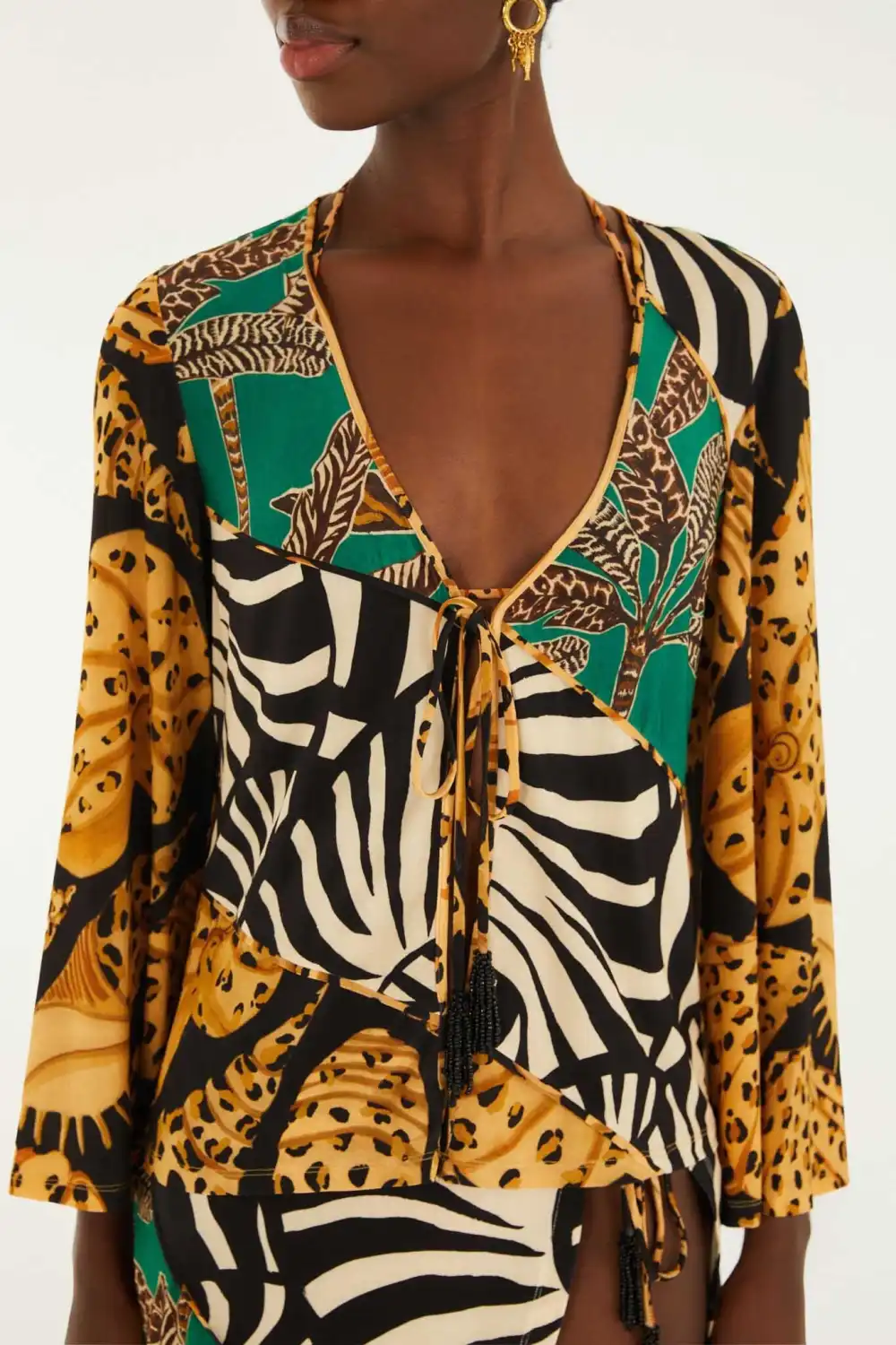 Patchwork Beaded Piping-Detail Blouse