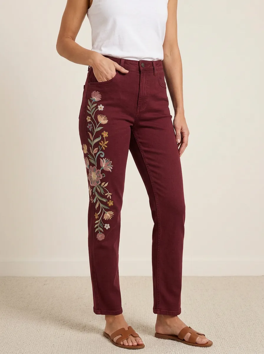 Women's Floral Nature Lover Embroidered Printed Straight Leg Jeans