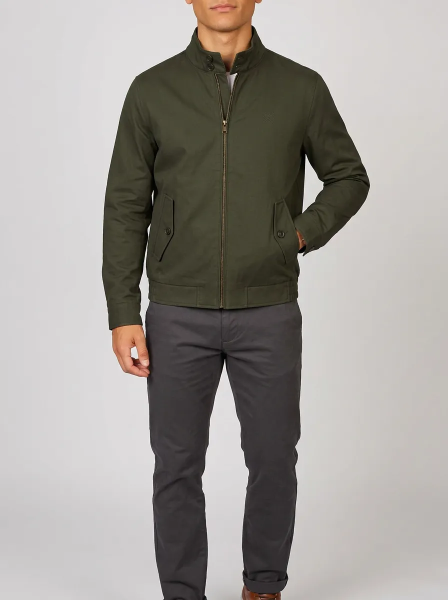 Men's Casual Olive Green Stand Collar Zip-Up Jacket