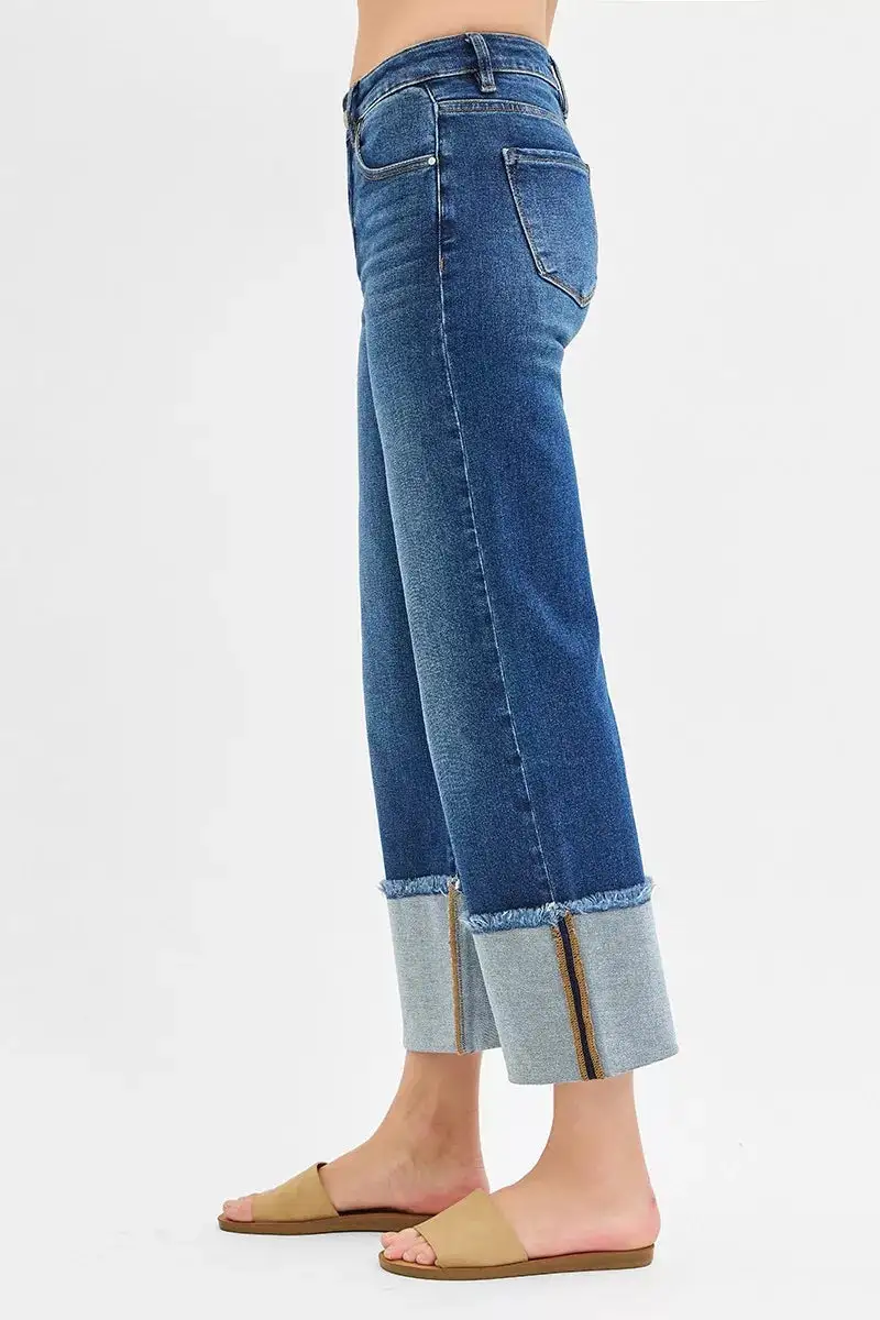 Mid Rise Wide Leg Cuffed Denim Jeans