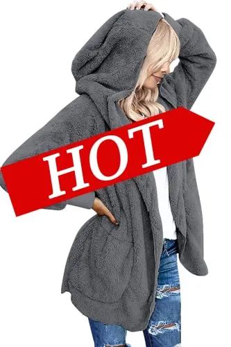 Womens Fuzzy Fleece Open Front Hooded Cardigan Jackets Sherpa Coat with Pockets