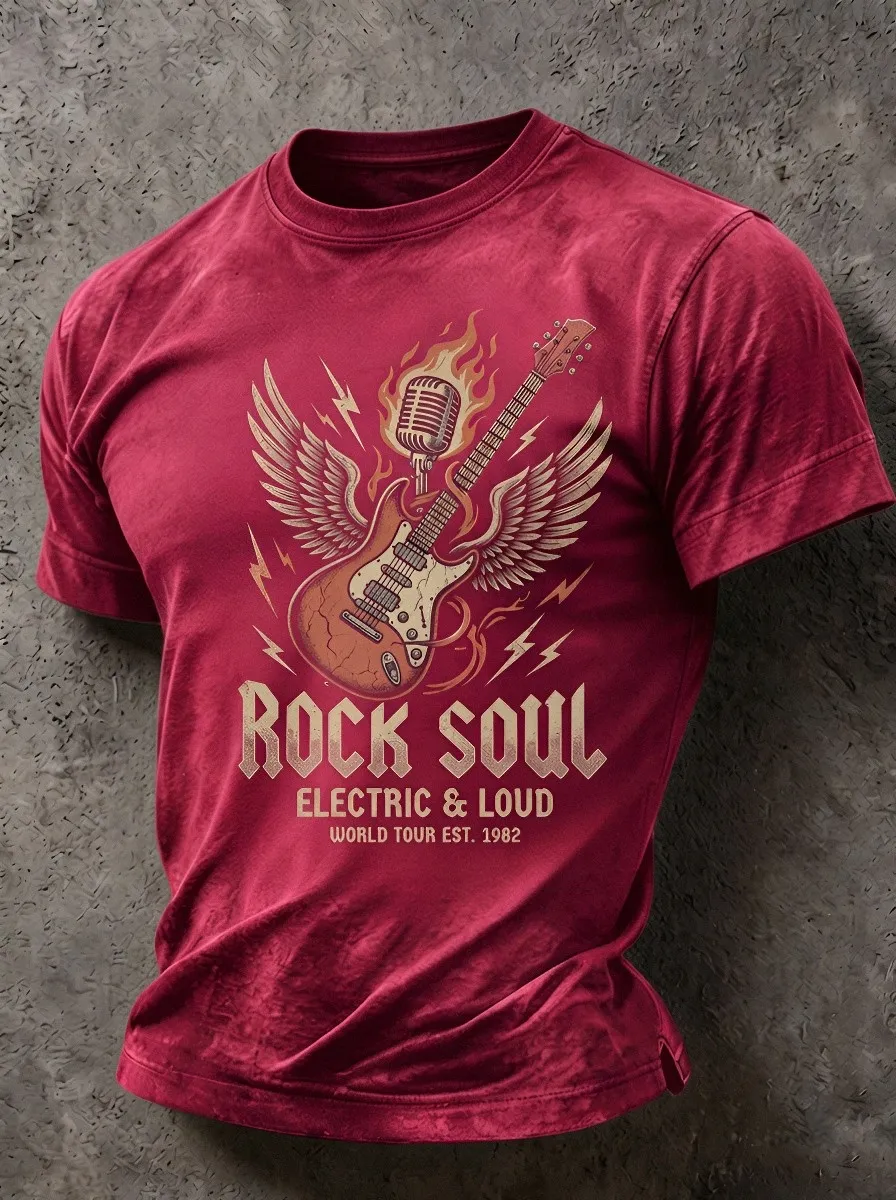 Men's Rock Music Lover Flaming Guitar Wings Printed T-shirt