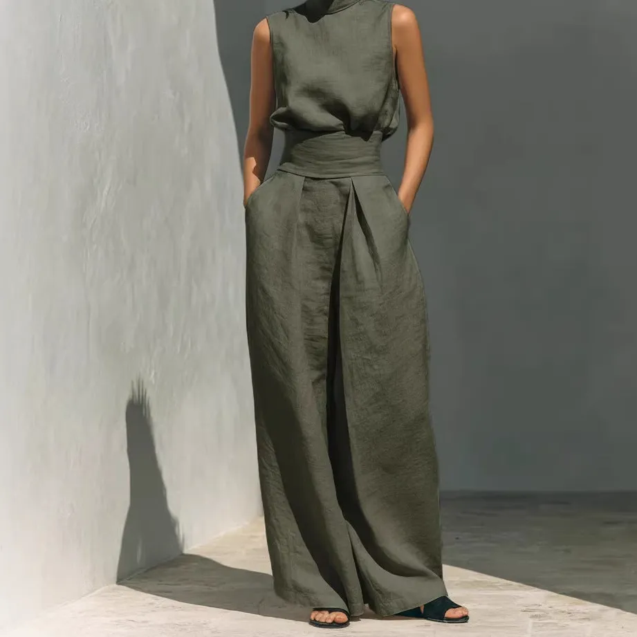 Classic Wide-Leg Sleeveless Linen Women's Matching Set