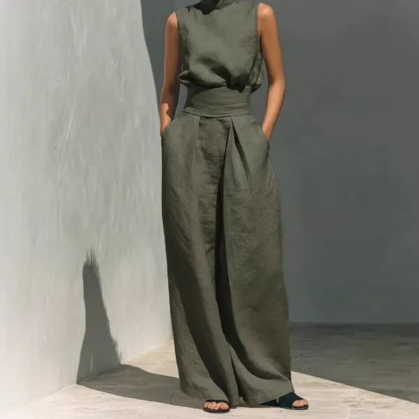 Classic Wide-Leg Sleeveless Linen Women's Matching Set