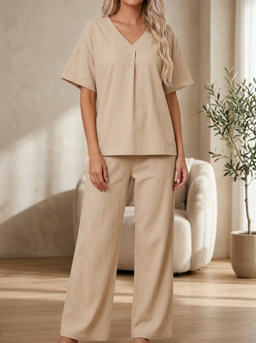 Layered Minimalist Women's V-Neck Casual Lounge Set