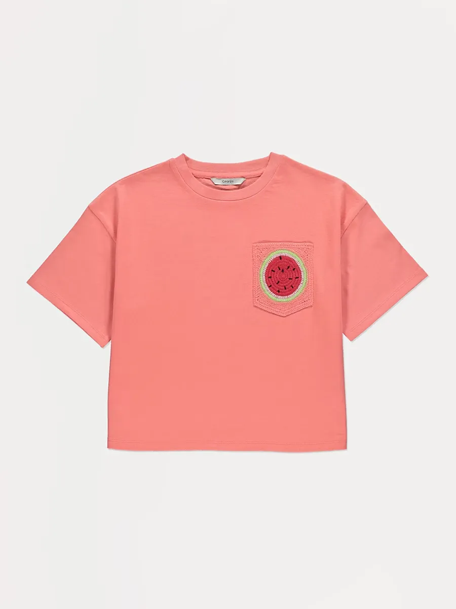 Pink Watermelon Crochet Pocket T Shirt