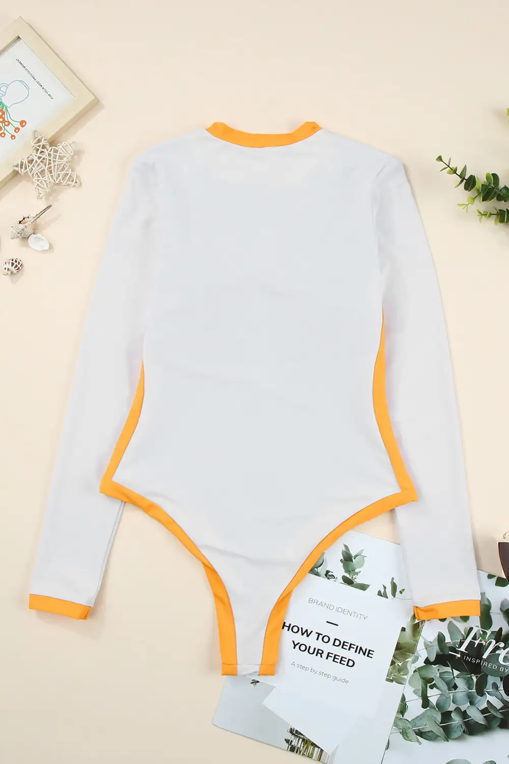 Swimwear Colorblock Trim Zip Front Long Sleeve Rash Guard Swimsuit