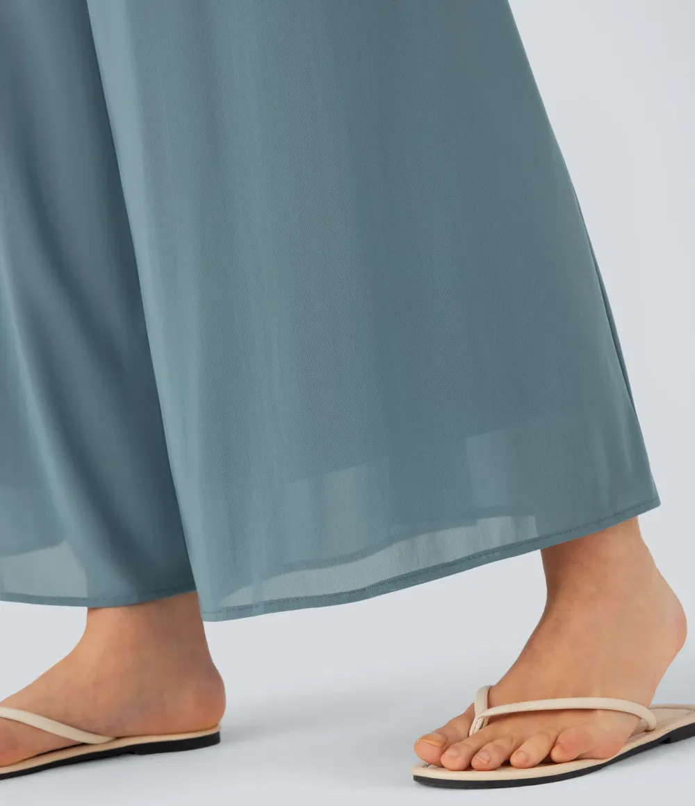 High Waisted Pocket Mesh Overlay Wide Leg Casual Pants