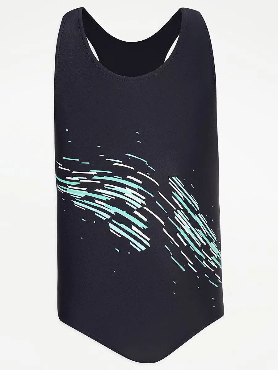 Navy Printed Girls School Swimsuit