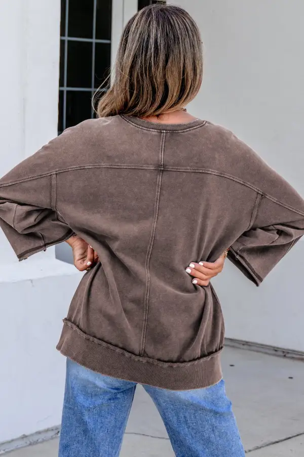 Solid Ribbed Loose Fit Cotton Blend Three Quarter Sleeve Top