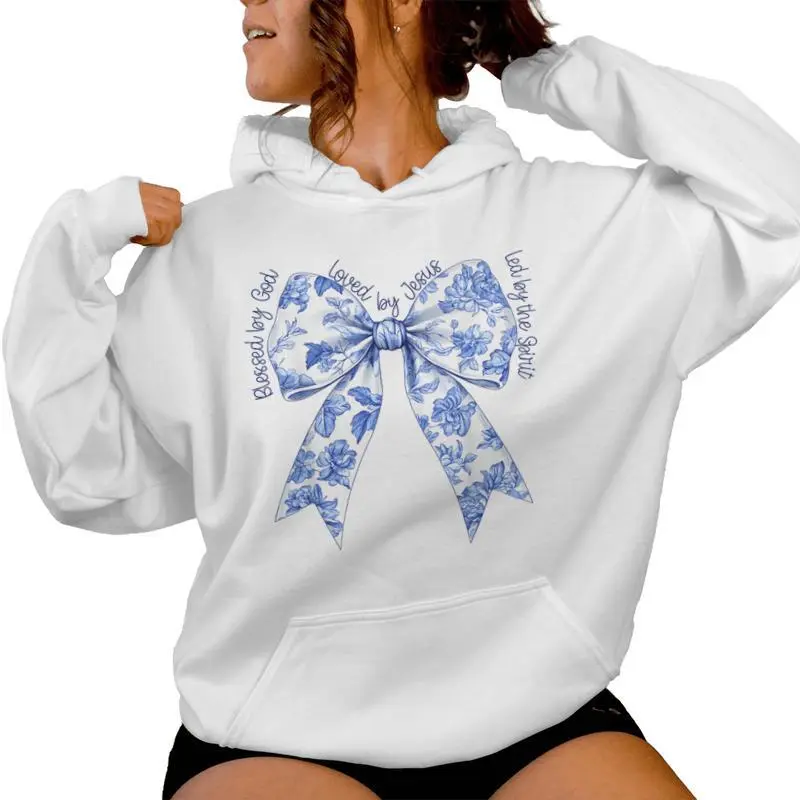 Blessed By God Loved By Jesus Blue Toile Coquette Bow Women Hoodie