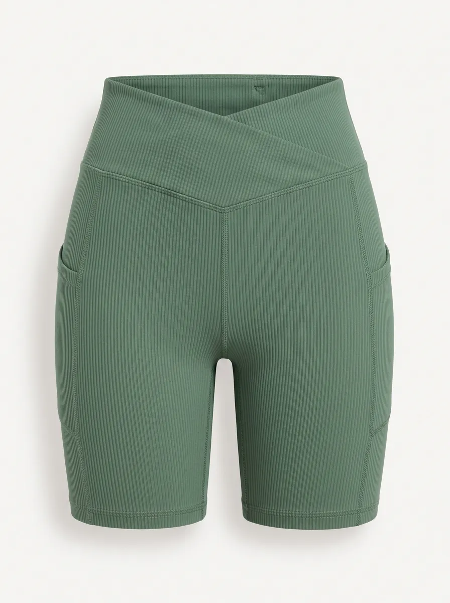 Women's Studio Yoga Fitness Ribbed Crossover Pocket Biker Shorts