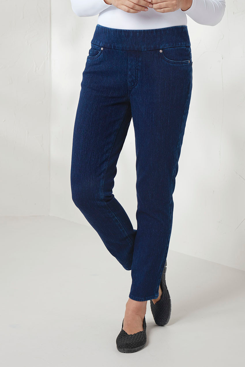 Knit Denim Mid Rise Slim-Leg Ankle Jeans