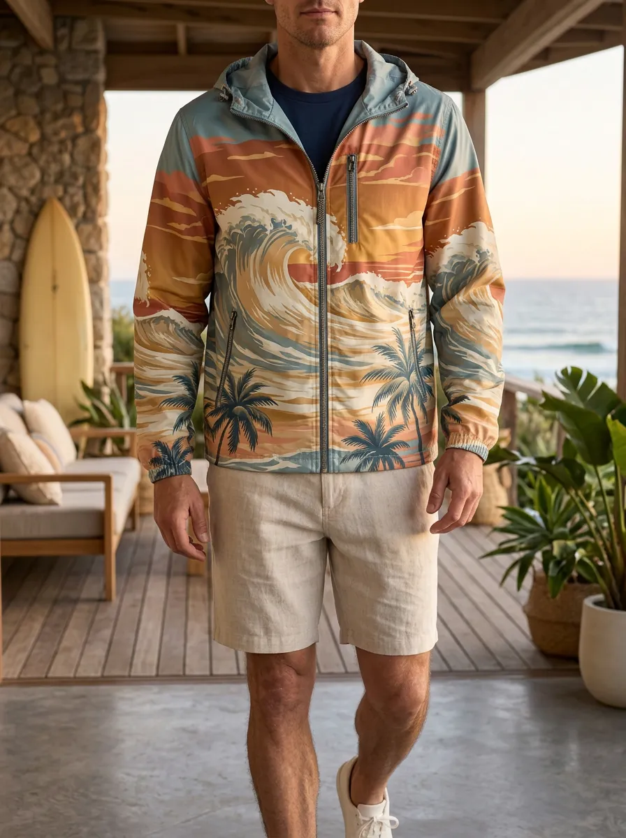 Men's Surfing Beach Lover Ocean Wave Palm Tree Printed Jacket