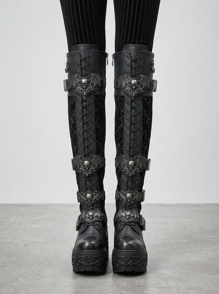 Gothic Revival Skull Bat Wing Victorian Look Women's Gothic Platform Boots