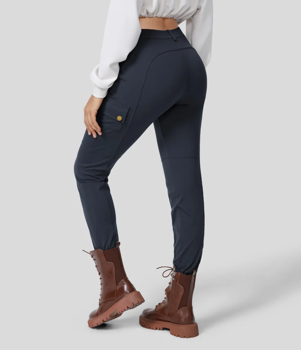 High Waisted Button Zipper Multiple Pockets Solid Skinny Cargo Pants
