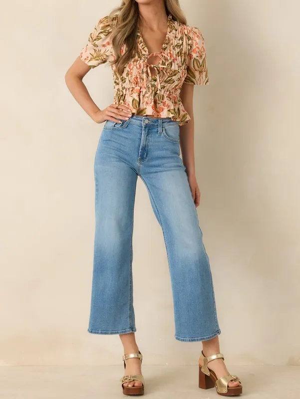 Peach & Green Floral Smocked Cotton Top