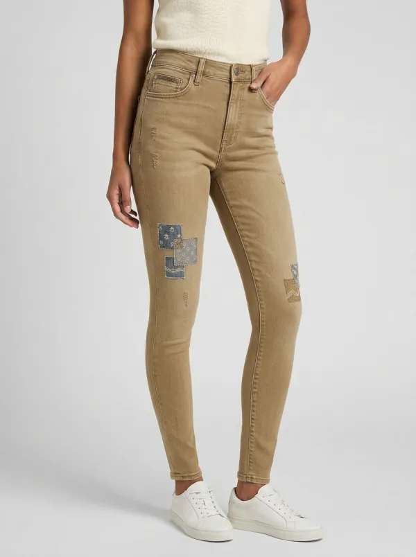 Women's Vintage Style Patchwork Gray Printed Slim Jeans