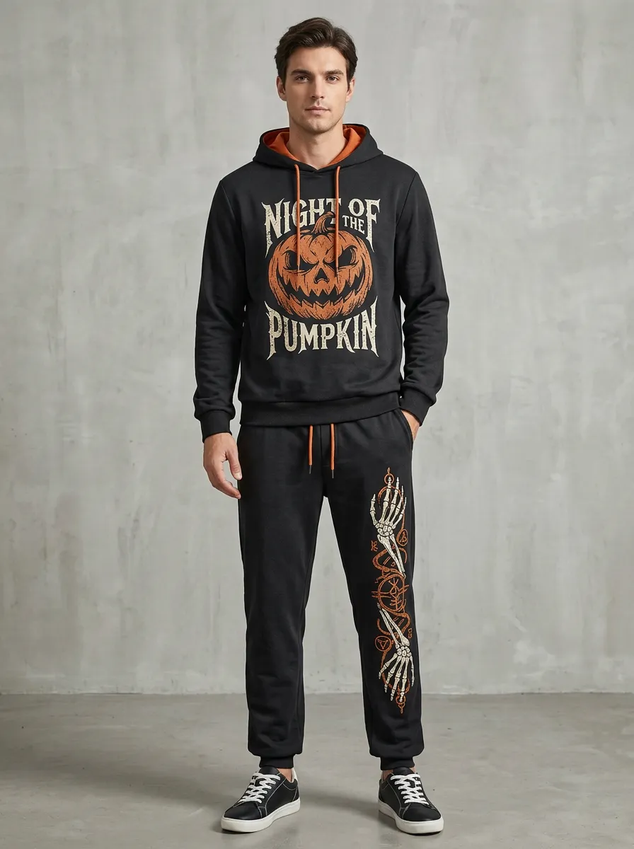 Men's Halloween Black Pumpkin Skeleton Leg-Graphic Hoodie Jogger Set