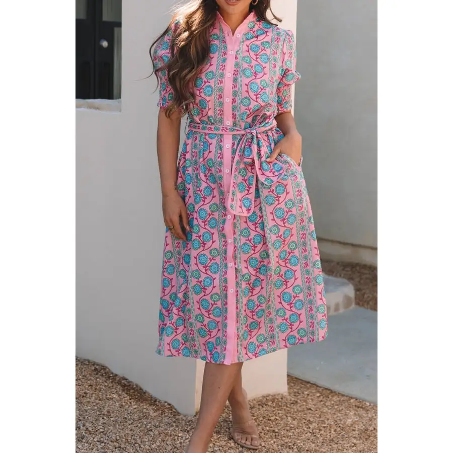Shirred Sleeve Buttoned Front Midi Dress with Sash