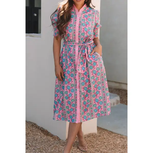 Shirred Sleeve Buttoned Front Midi Dress with Sash