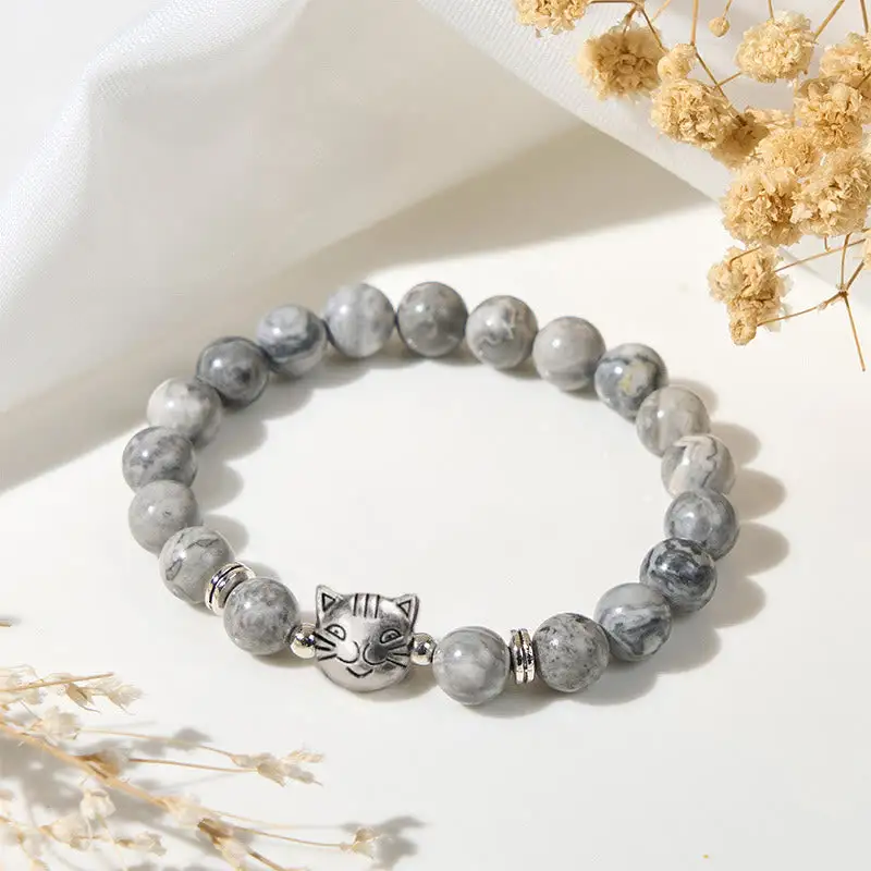 Cute Cat Natural Jasper Bead Bracelet