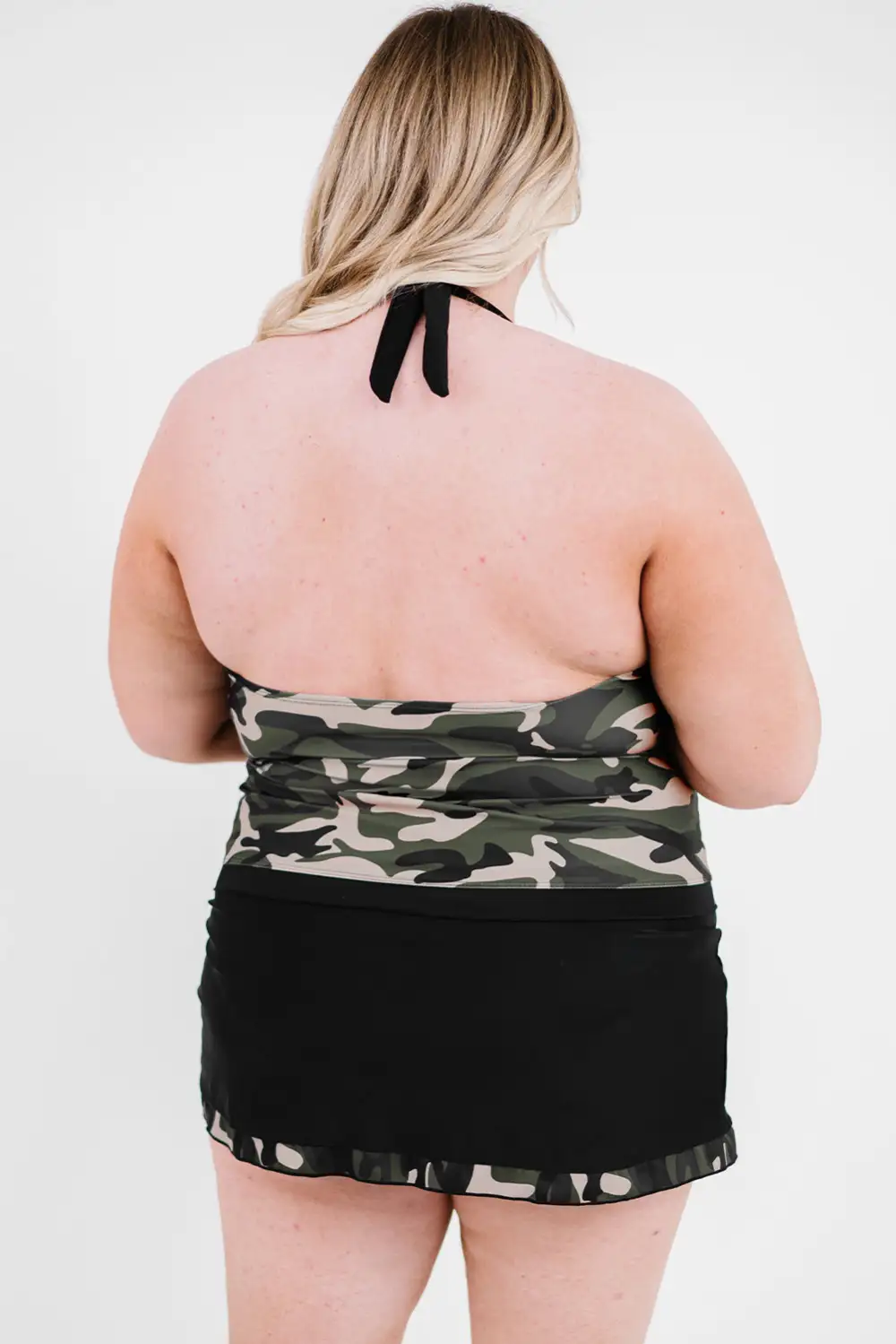 Swimwear Camouflage Drawstring Side Backless Plus Size Tankini Set