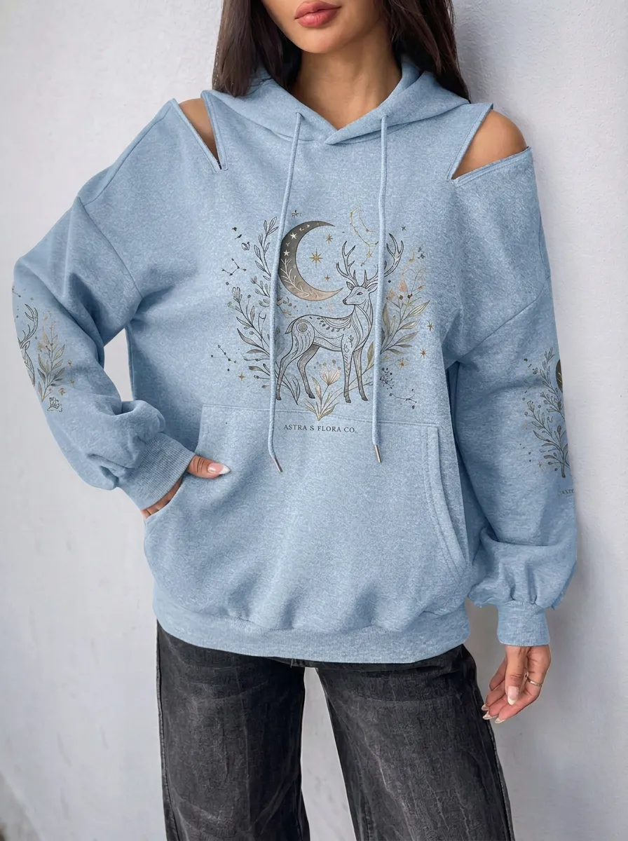Women's Celestial Deer Floral Moon Printed Cold Shoulder Hoodie