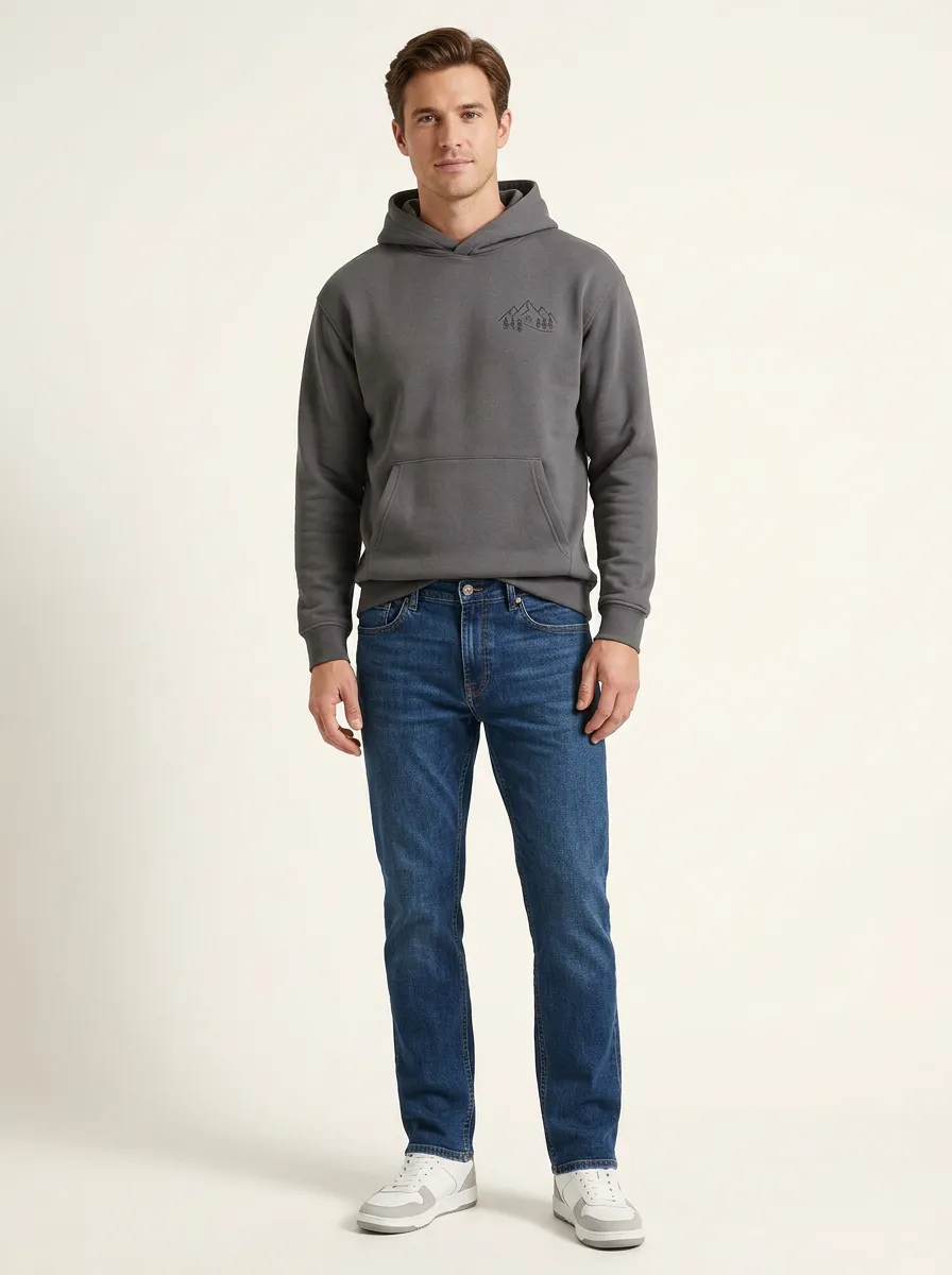 Men's Mountain-Forest Crossover-Neck Pullover Hoodie & Jeans Set