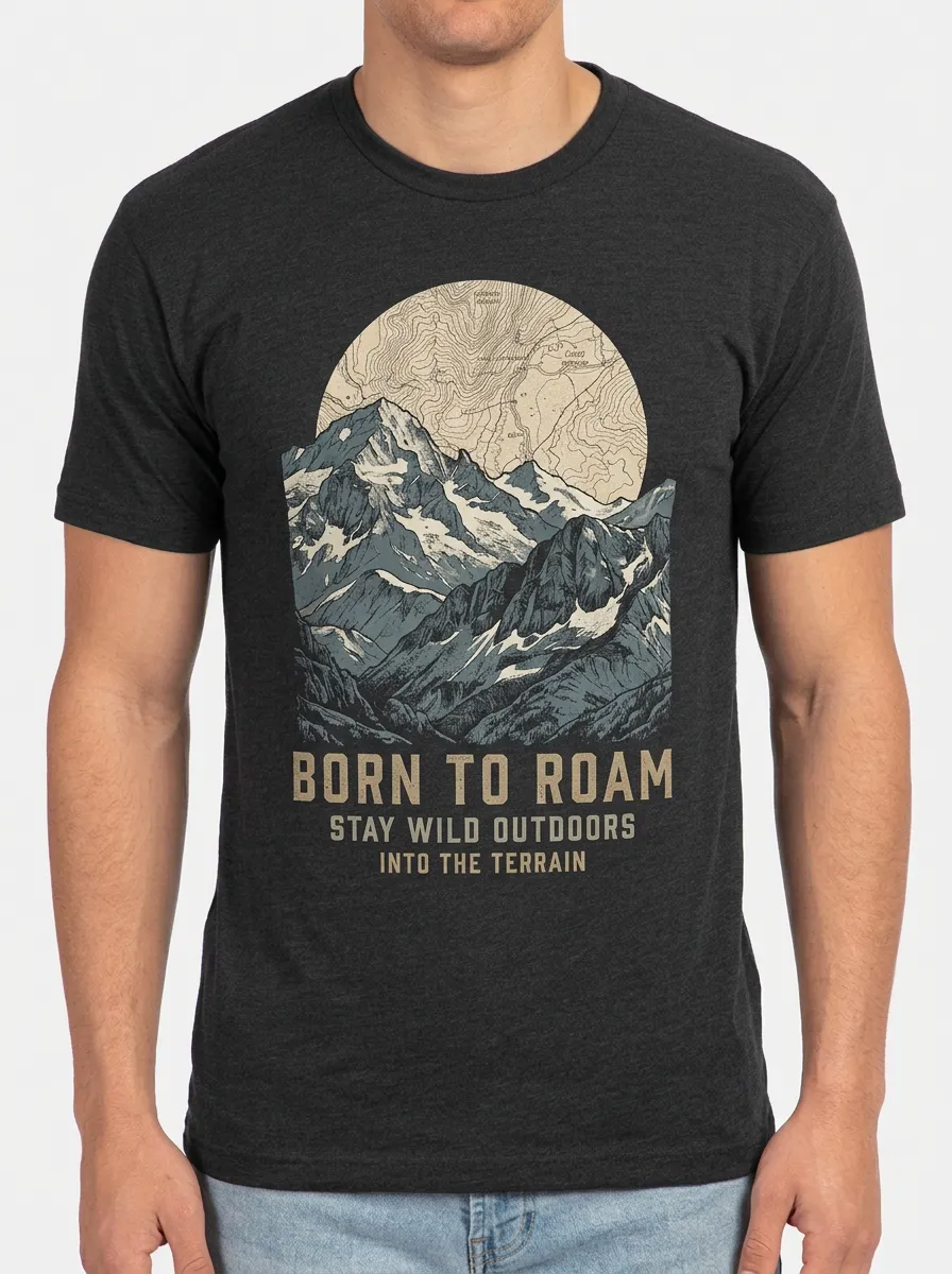 Men's Outdoor Hiking Born To Roam Mountain Topographic Printed T-shirt