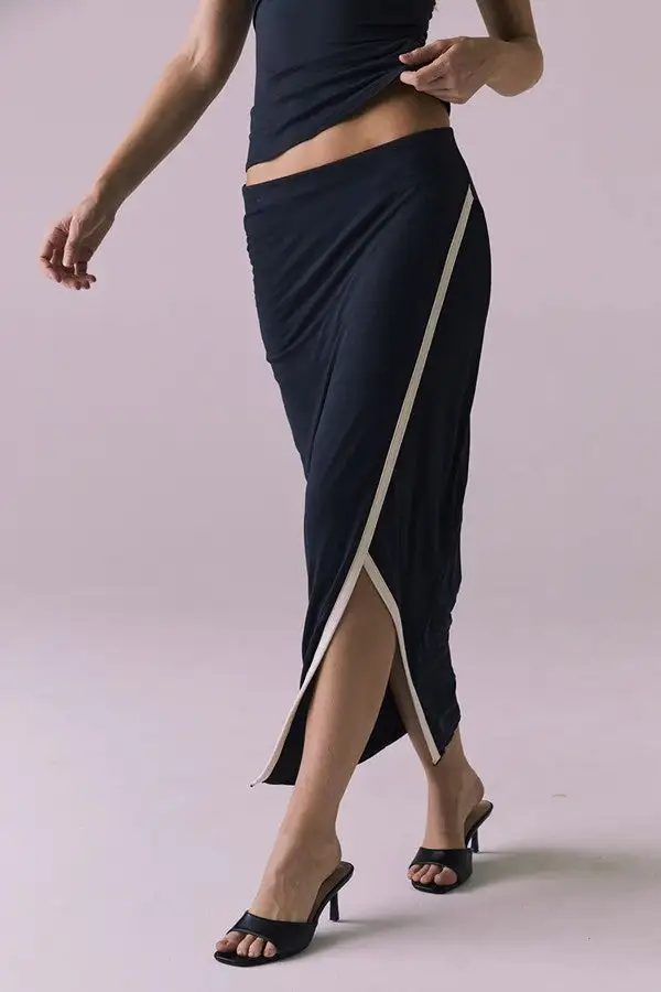 Black Slim-Fit Front Slit Midi Skirt