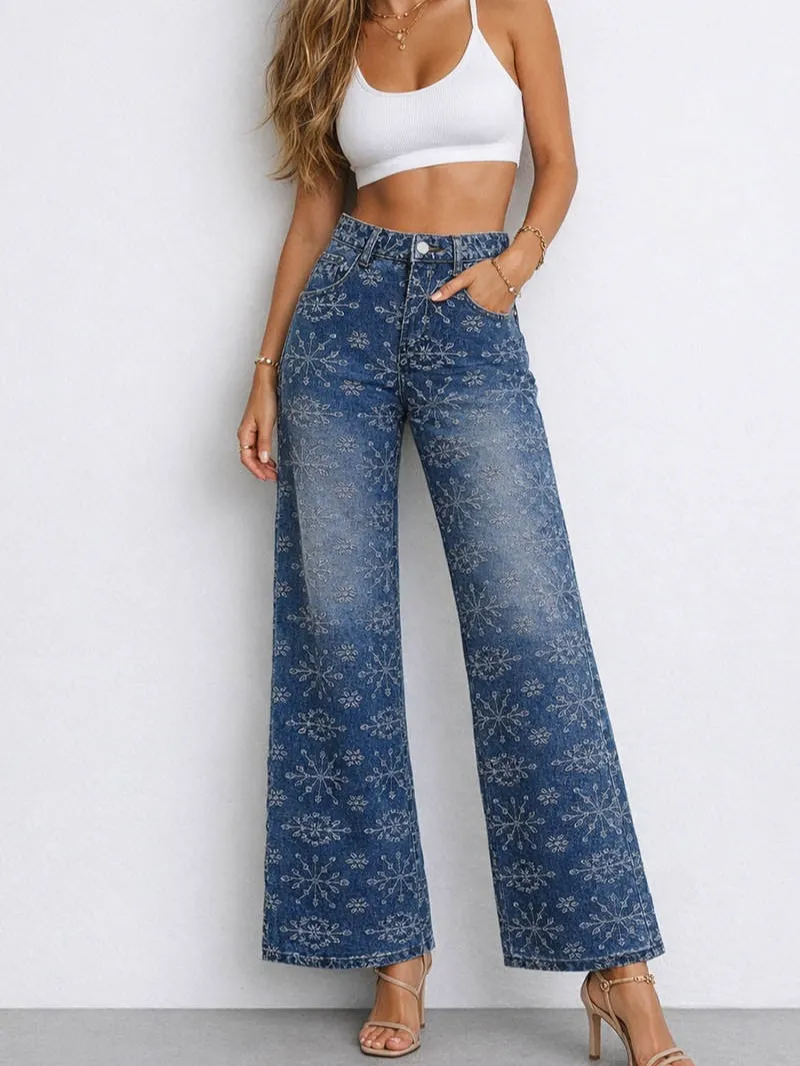 Geometric Jacquard Button Front Wide Leg Denim Pants