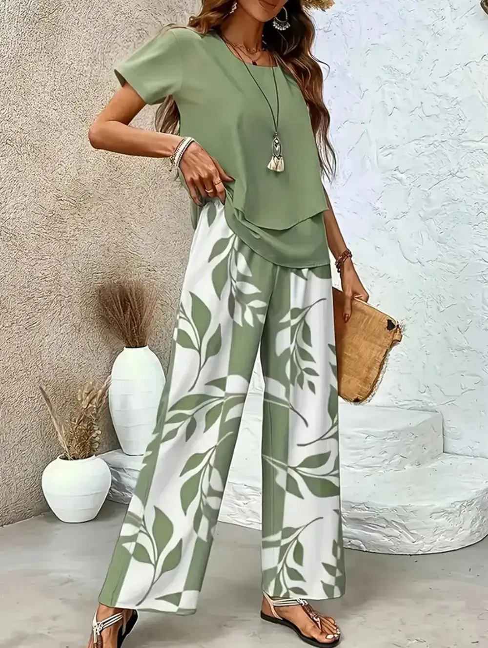Print Top Wide-Leg Pants Set