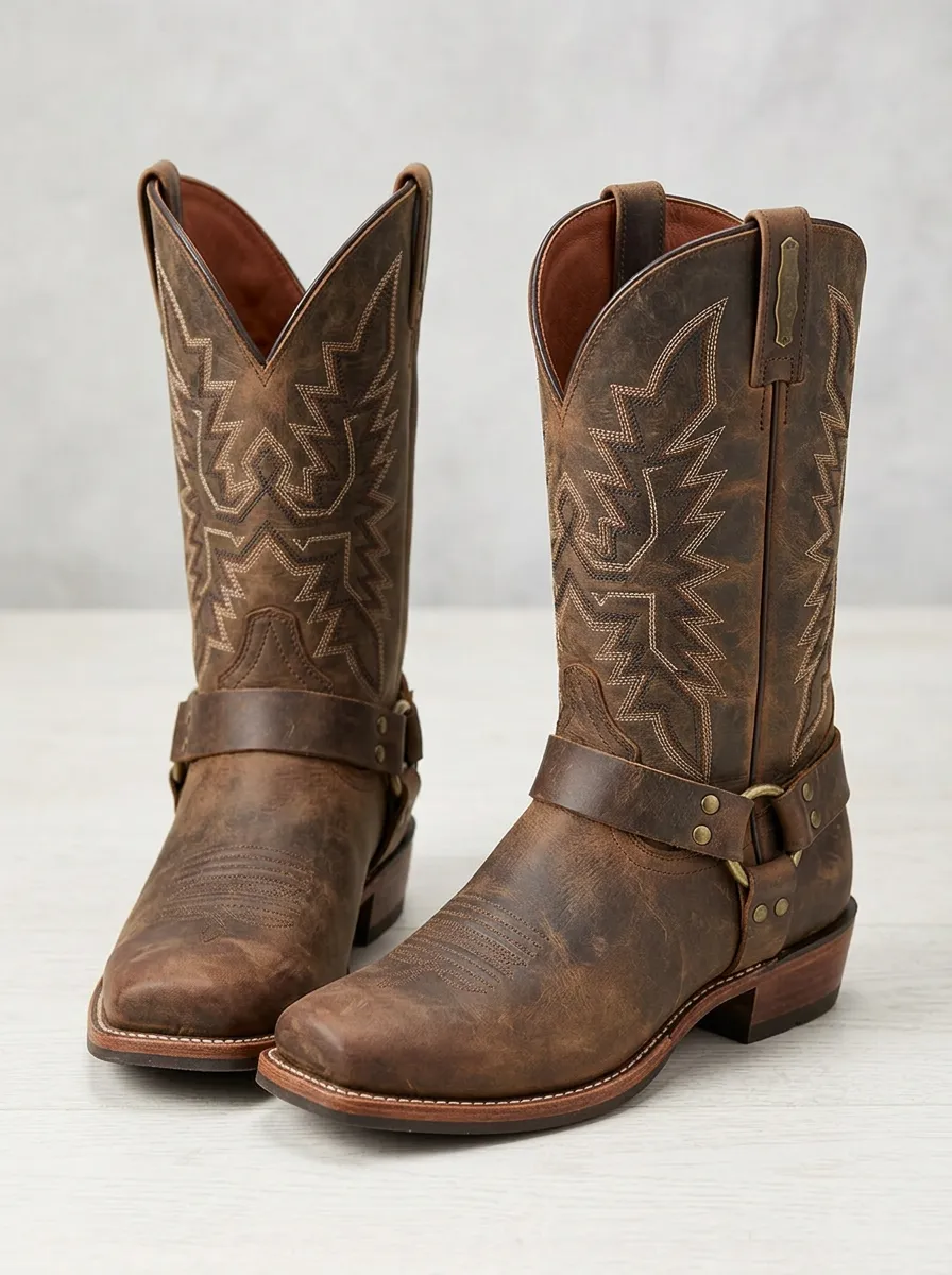 Men's Western Cowboy Distressed Leather Embroidered Harness Boots