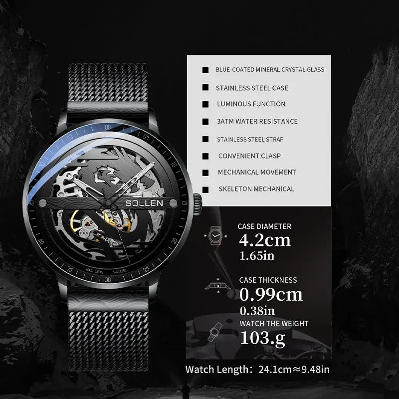 Sollen SL317 Men's Skeleton Dragon Automatic Mechanical Watch - 42mm Stainless Steel Case Slim 9.9mm Open Heart Mesh Bracelet Wristwatch