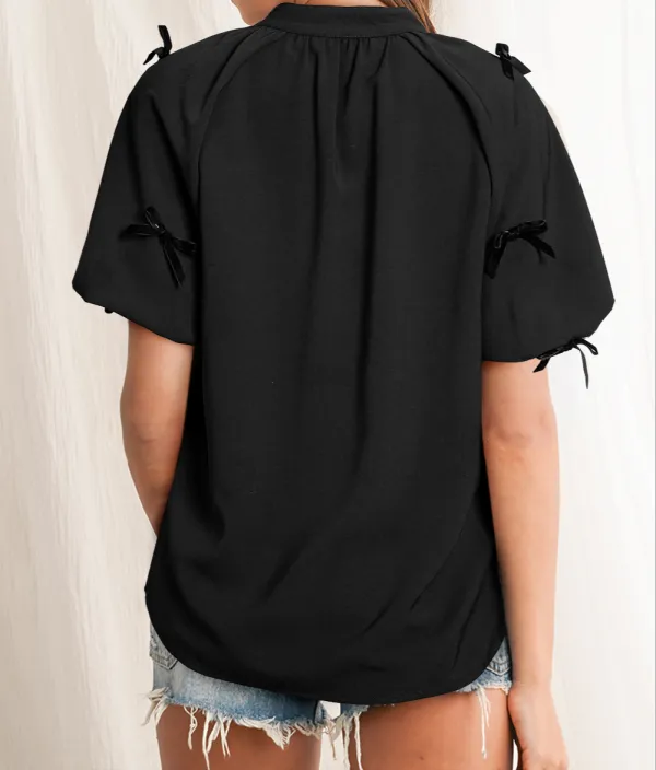 Bow Detail Puff Sleeve Split Neck Blouse