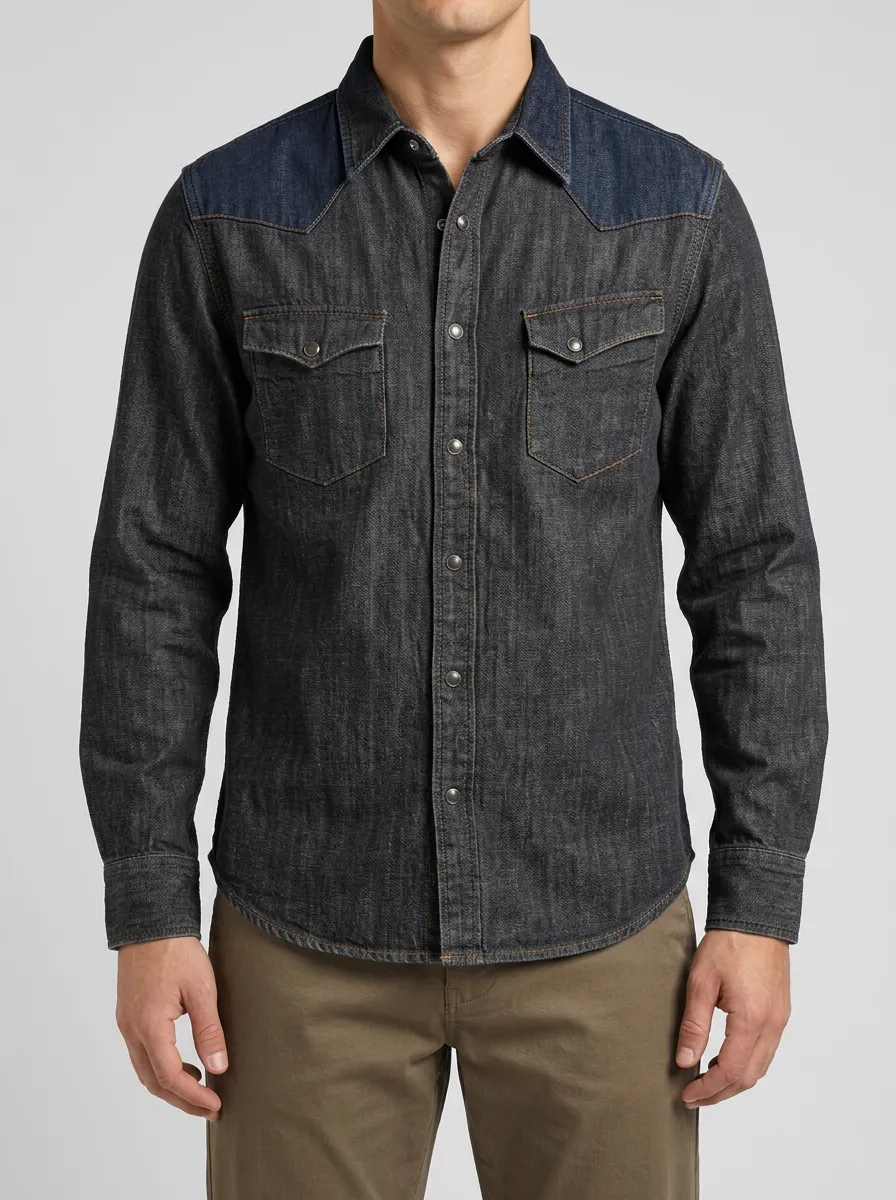 Contrast-Shoulder Western-Style Denim Shirt Featuring a Front Opening