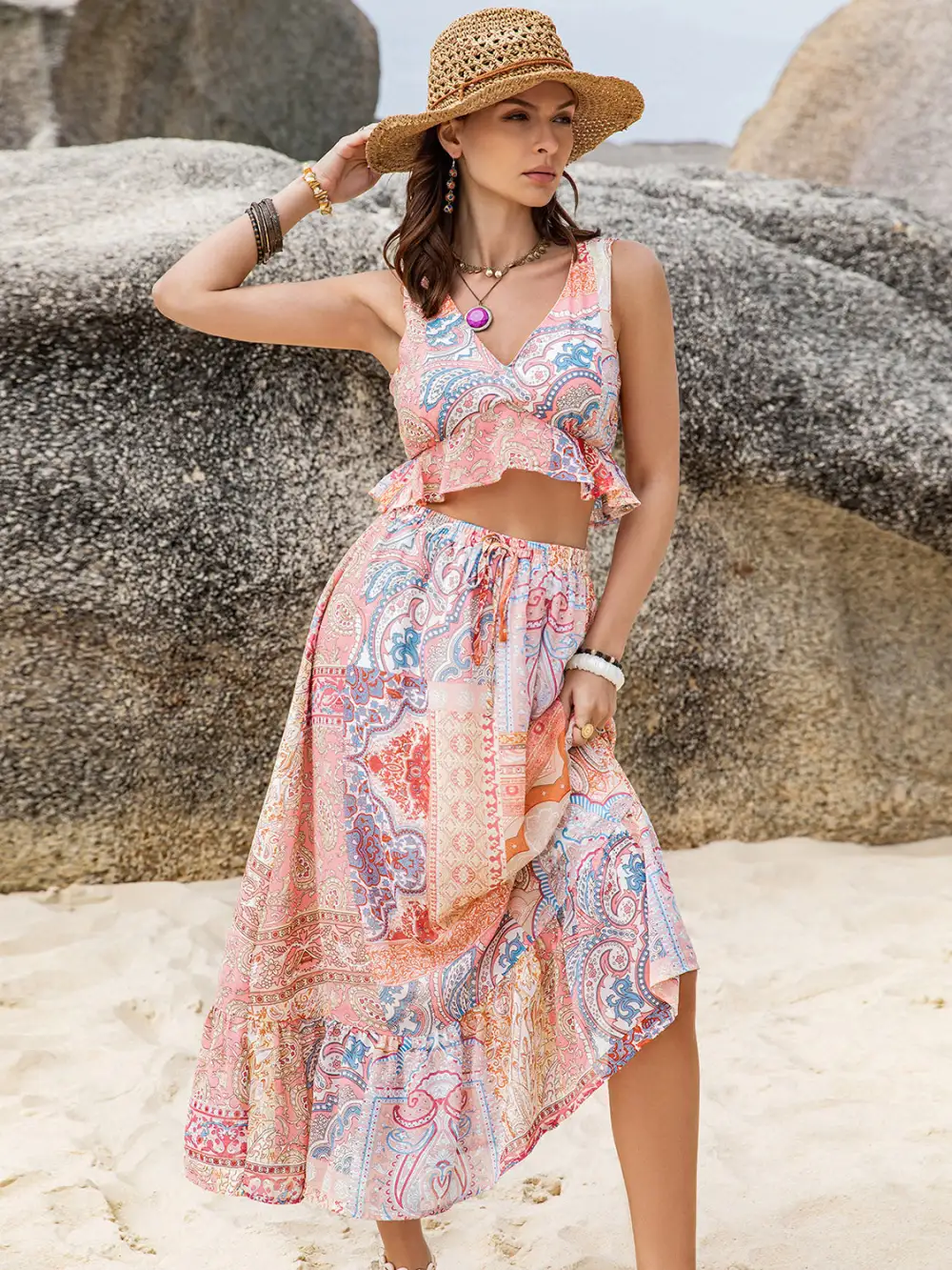 V Neck Ruffle Trim Coordinated Set