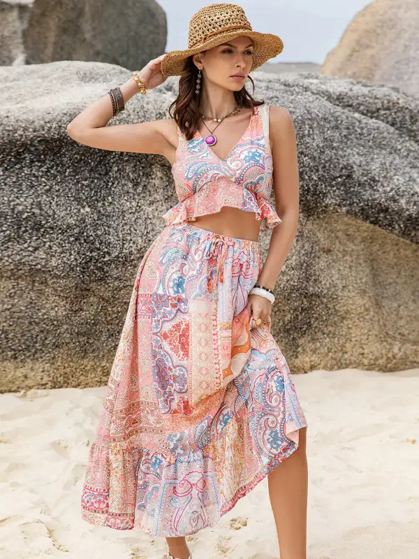 V Neck Ruffle Trim Coordinated Set