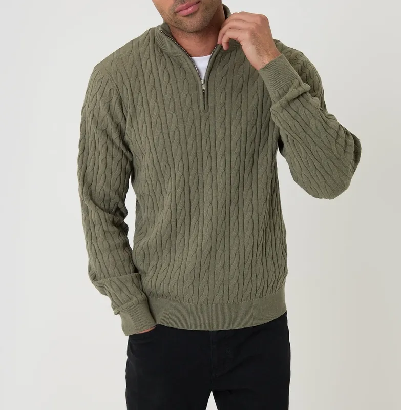Olive Green Cable-Knit Quarter-Zip Sweater