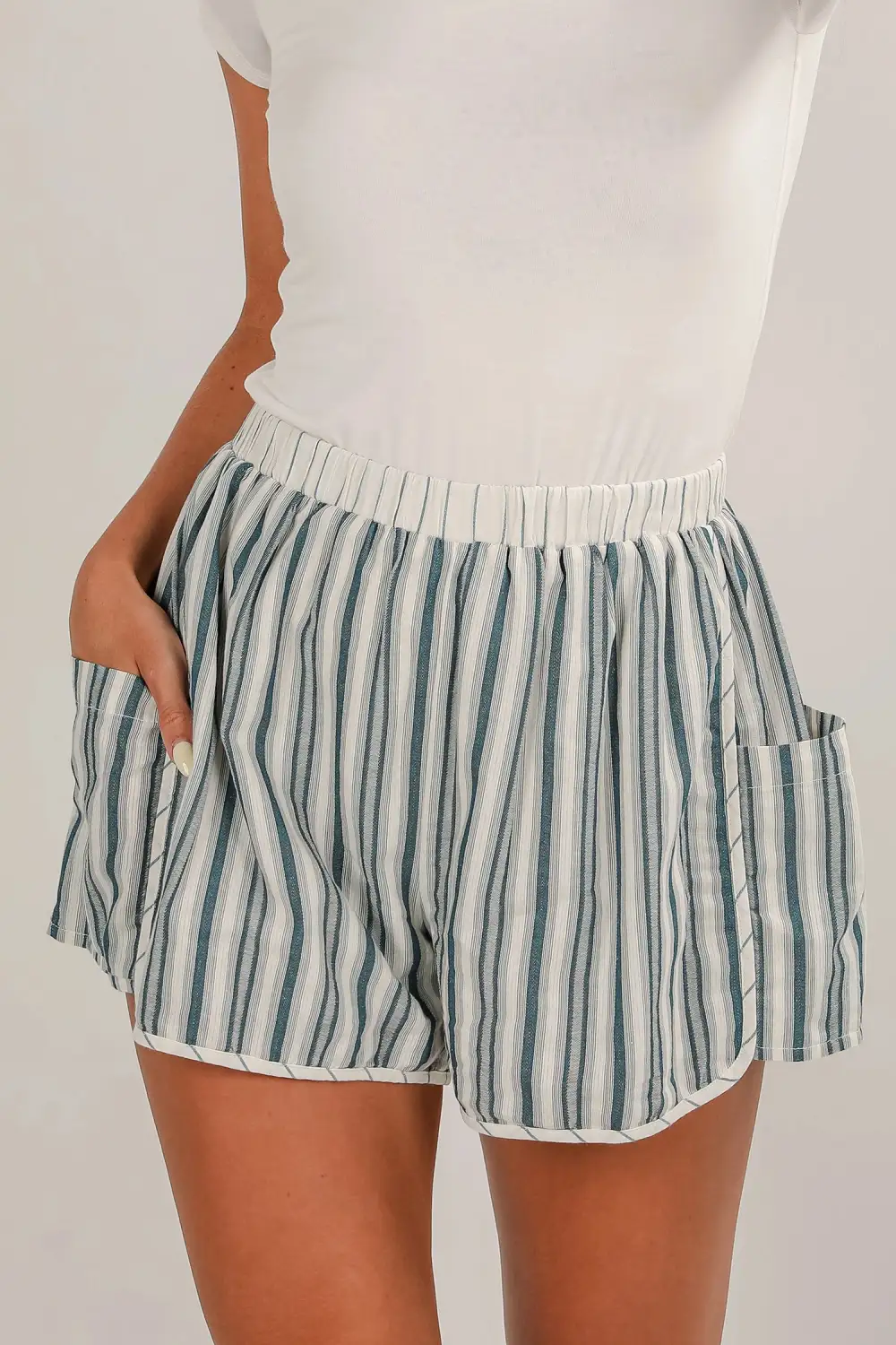 Gray Stripe Elastic Waist Cargo Pocket