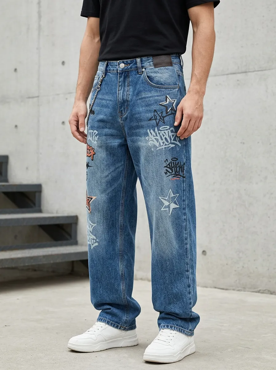 Unisex Streetwear Graffiti Star Loose-Fit Jeans