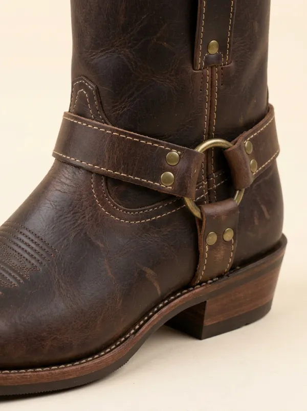 Men's Western Cowboy Brown Leather Harness Printed Boots